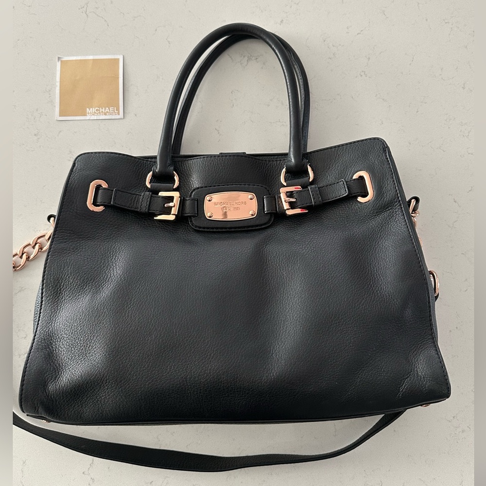 Michael Kors HAMILTON Black Pebbled Leather Satchel Tote Bag Rose Gold Hardware - Picture 3 of 17
